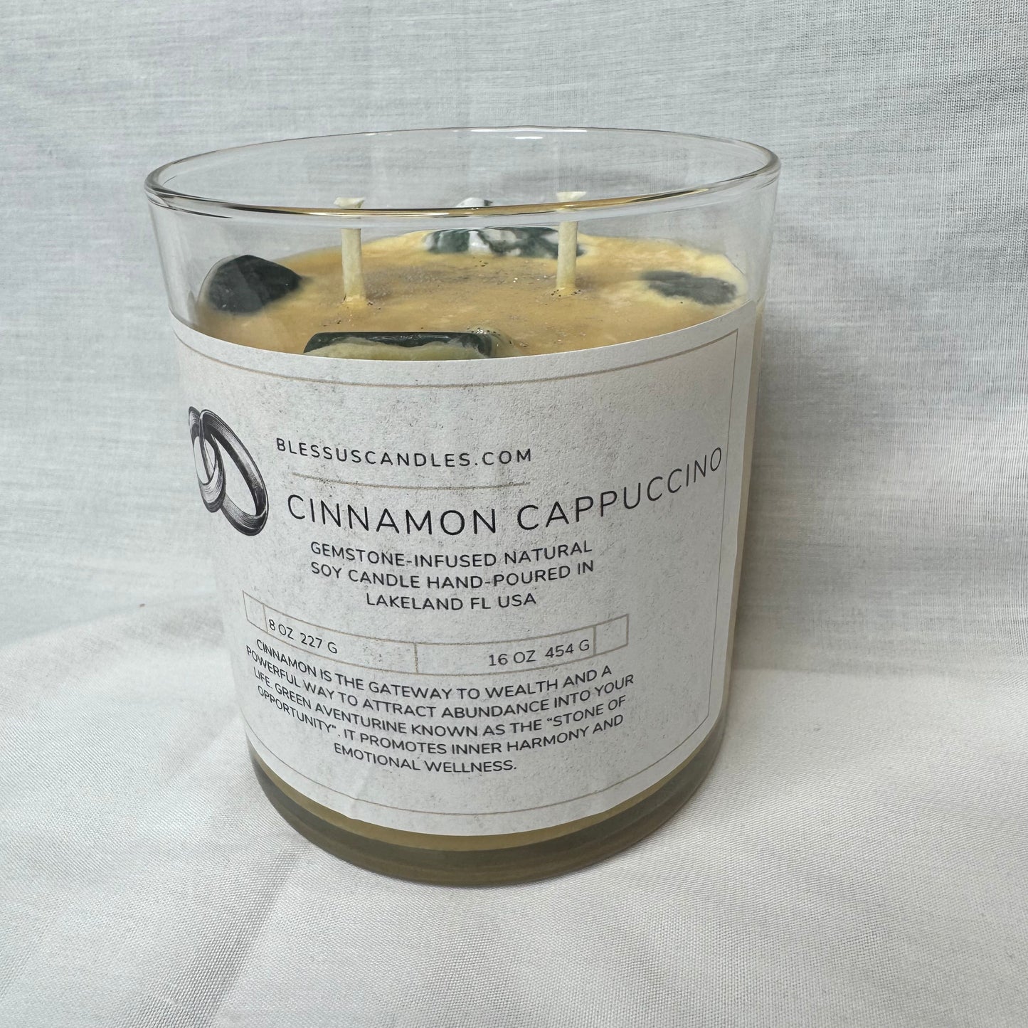 Cinnamon Cappuccino-Gemstone-Infused Natural Soy Candle Hand-Poured in Lakeland, FL USA