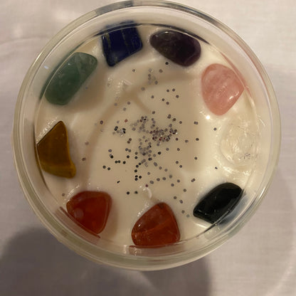 Gemstone candle infused with all seven gems of the Chakras. 16oz jar top view.