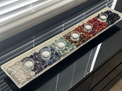 Gemstone Candle Blessing Tray 64 oz total of Natural Gemstones, All 7 Chakras, and a Silver Aluminum Metal Tray.