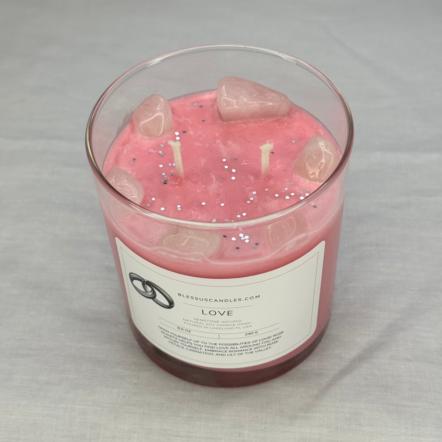 Love: Gemstone-Infused Natural Soy Candle Hand-Poured in Lakeland FL USA