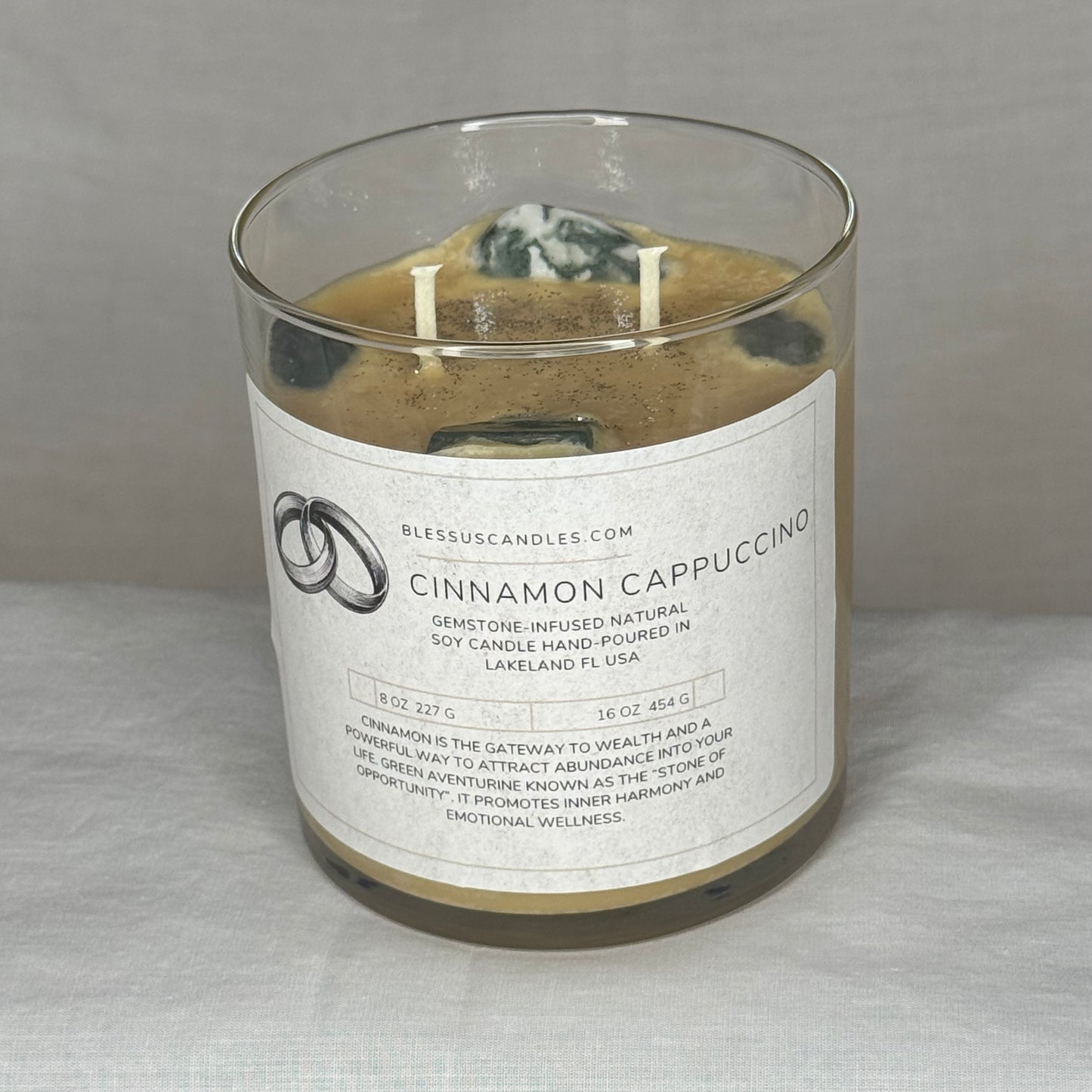 Cinnamon Cappuccino Gemstone-Infused Natural Soy Candle Hand-Poured in Lakeland, FL USA