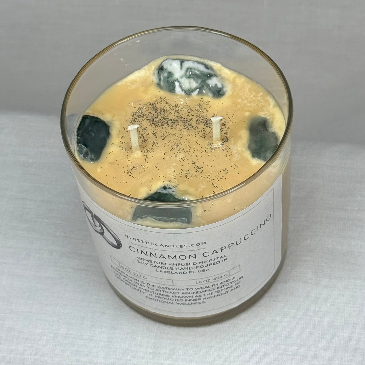 Cinnamon Cappuccino Gemstone-Infused Natural Soy Candle Hand-Poured in Lakeland, FL USA