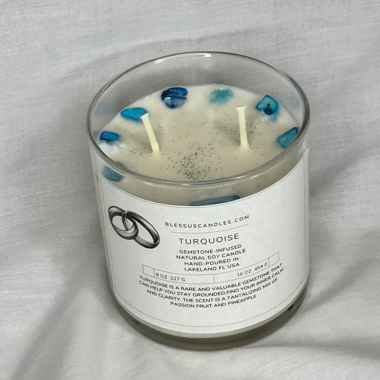 Turquoise-Gemstone-Infused Natural Soy Candle Hand-Poured in Lakeland, FL USA